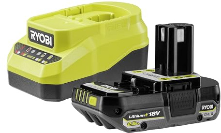 RYOBI - Pack Batterie 18V One+ – RC18120A-125CG – Chargeur Compact + Batterie 2.5Ah, Légère, Compatible Tous Outils Bricolage et Jardin de la Gamme One+