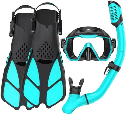 Set med snorkelfenor för vuxna, snorklingsutrustning för vuxna med fenor, snorkelset med flipper, vuxen, anti-läcka dykutrustning med justerbara fenor, dykmask, heltorr topp snorkel med resväskor