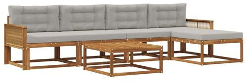 vidaXL Outdoor-Sofagarnitur mit Kissen 6 pcs Natur und Hellgrau, Patio-Lounge-Set, modernes Outdoor-Sofa, wetterfestes Gartenmöbel, Akazienholz