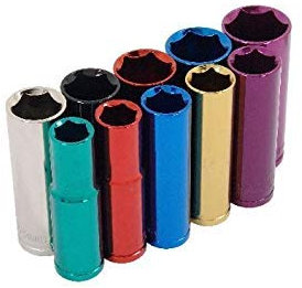 10 Piece Multi Coloured Long Socket Set, 1/2 Drive + Wall Rail