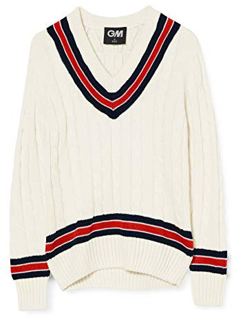 Gunn & Moore GM | Cricket Sweater Jumper Pullover | Classic Heavy Cable Knit | Long Sleeve | Cream with Navy Blue & Red Trimmed Collar | Large to fit chest 42