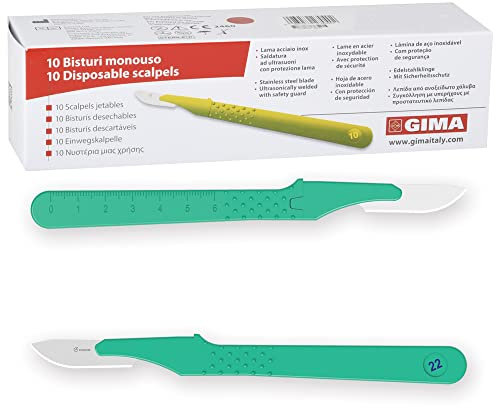 GIMA Bisturi in Acciaio Inox, Manico in ABS, Sterili e Monouso, Premium, Coprilama di Sicurezza, Misura n. 22, 10 Bisturi Singolarmente Confezionati