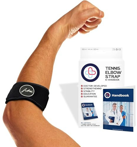 Tennis Elbow Support Strap with Doctor Handbook - Reliable Elbow Support for Men & Women - Adjustable Elbow Brace for Daily Wear, Gym, Sports, Rapid Pain Relief from Tendonitis (Black - Single)