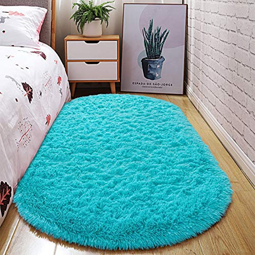 Junovo Flauschiger Teppich für Schlafzimmer, Modern, 2.6 x 5.3ft Oval, Blau, Weich, Stapel, Gummi, Indoor, Küche, Babyzimmer, Büro, Wohnzimmer