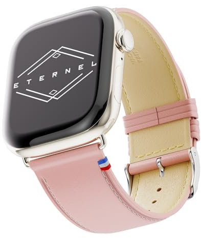 Eternel - Simple tour Bracelet iconique - Compatible toutes Apple Watch - 41/42mm - Fait main en France - Tannage végétal - Rose poudré - Adaptateurs acier inoxydable