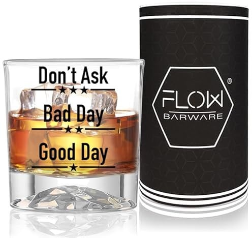 FLOW Barware Good Day, Bad Day, Don’t Ask Whiskey Glass | Funny Novelty Measured Glass for Rum, Scotch, Brandy or Vodka | Single Whiskey Tumbler Gift or Rum Tumbler Gift Set