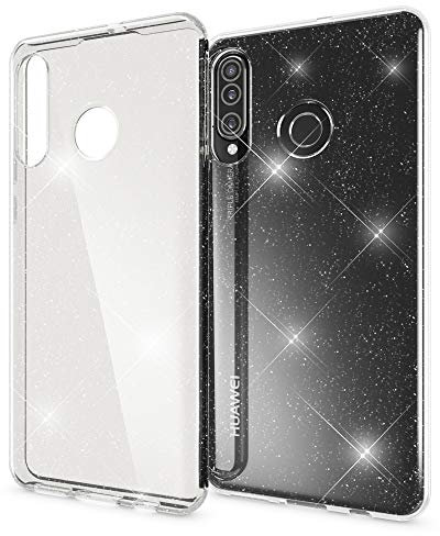 NALIA Custodia Glitter compatibile con Huawei P30 Lite, Ultra-Slim Cellulare Silicone Gomma Cover Protettiva, Morbido Sottile Telefono Protezione Gel Case, Bumper per Smartphone - Trasparente