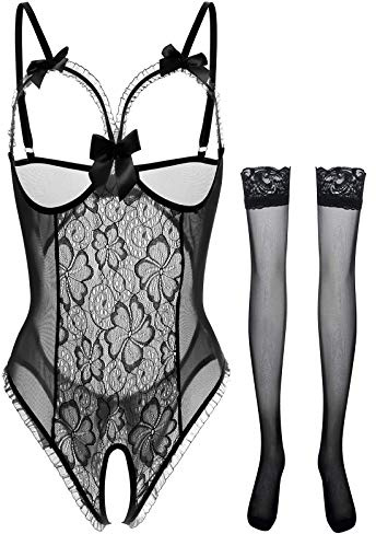 YEHUOLOVE Women's Lingerie Teddy One Piece Lace Babydoll Bodysuit Nightie Plus Size S-3XL - - L