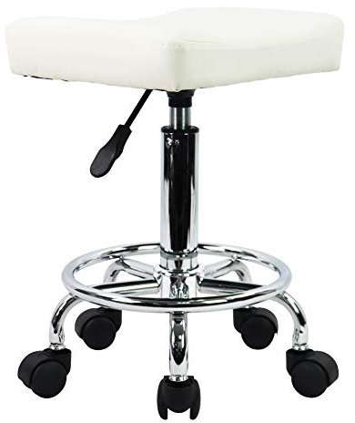 KKTONER Quadratischer Rollhocker Bürohocker höhenverstellbar 47-61cm aus PU-Leder Weiß