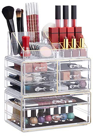 Relaxdays 1 x Make Up Organizer mit Schubladen, stapelbarer Schmuckkasten, Acryl Schminkaufbewahrung, transparent-Gold