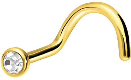 PIERCINGLINE Nasenpiercing TITAN FLACHE KRISTALLDISC Piercing Nase Stecker Spirale Goldfarben Kristallklar 0,8 mm