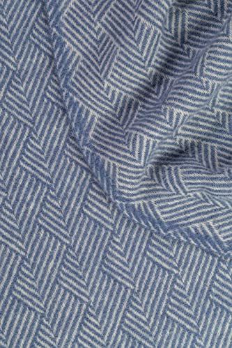 cawa Plaids&Co Lange Creme-gedeckt Blaue Fischgrat Wolldecke mit Fransen aus Reiner Neuseelandwolle (130 x 220 cm)