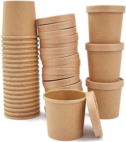 DeinPack 25 Suppenbecher to Go mit Deckel braun 480 ml 16oz I Kompostierbare Becher mit PLA Innenbeschichtung Suppen-Becher to Go Pappe I 25 Bio Einweg-Becher mit Deckel biologisch abbaubar
