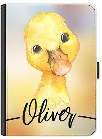 Personalised Initial Case For All Apple iPad Models 10, 9, 8, 7, 6, Air 11, Pro 12.9,13 inch, Mini, Yellow Ducking with Name/Text, 360 Swivel Leather Side Flip Folio Cover, Duck Ipad Case