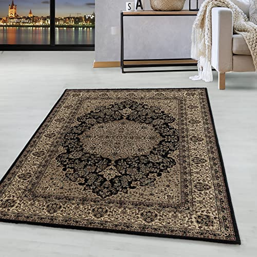 HomebyHome Orientteppich schwarz 120x170 cm Kurzflor Teppich im klassischen Vintage Stil für Wohnzimmer, Schlafzimmer, Essbereich Pflegeleicht, strapazierfähig, dekorativer Wohnakzent