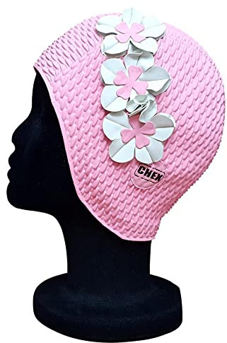 CHEX Lucca Waffle Bubble - Gorro de natación para mujer, diseño floral, clásico, retro, 3 flores, 2 colores, pétalo 3D, estilo vintage, gorro de natación, tamaño medio, adulto (rosa y blanco)
