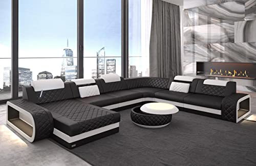 Sofa Berlin XXL U Form Wohnlandschaft mit LED Beleuchtung und Ottomane (Ottomane Links, Schwarz-Weiß)