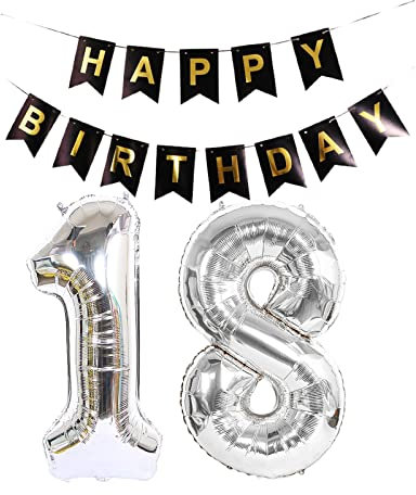 Luftballon 18. Geburtstag Silber, Geburtstagsdeko 18 Jahr, Ballon 18. Geburtstag, Riesen Folienballon Zahl 18, Happy Birthday Folienballon 18, Happy Birthday Banner für Mädchen und Jungen,XXL