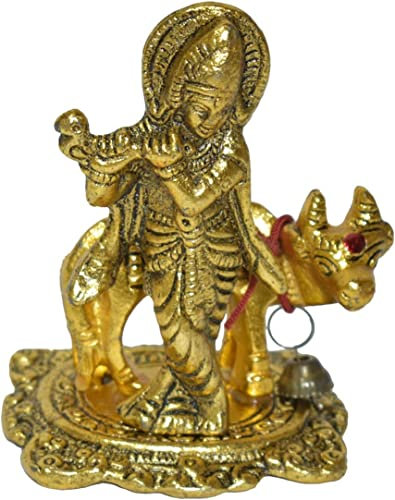 Tarini Gallery Metal God Idol Statue Murti Sculpture Indian Décor Antique for Pooja Worship Home Temple Decor Decoration and Gifting (Antique Golden-Krishna with Cow)