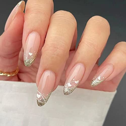 24 Pièces Amande Faux Ongles Court, French Ongles à Presser Or Paillettes Ballerine Capsules Ongles, Naturel Ovale Acrylique Bâton sur les Ongles avec Dessin pour Filles Femmes DIY Nail Art