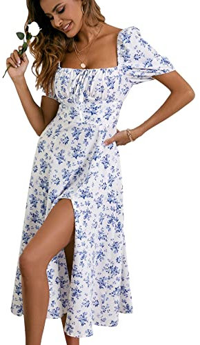 GORGLITTER Women's Floral Midi Dress Ruched Bust Split A Line Dress Boho Square Neck Short Sleeve Summer Swing Dresses Blue and White XL