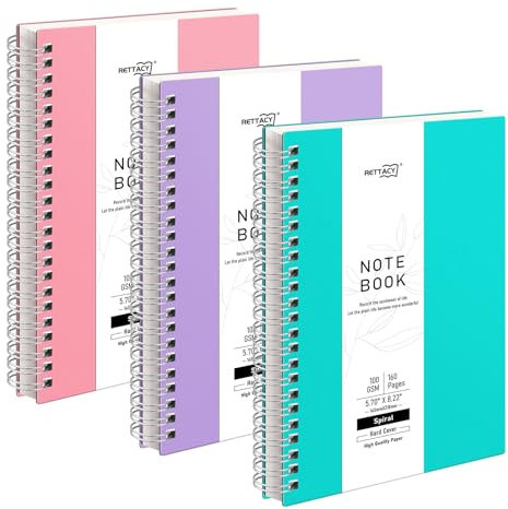 RETTACY A5 Spiral Notebook 3 Pack, Wirebound Colorful Notebooks 80sheets/160 Pages for Writing,100gsm College-Ruled Paper, PVC Hardcover, for Women Men Work Office School,14.5 x 21cm