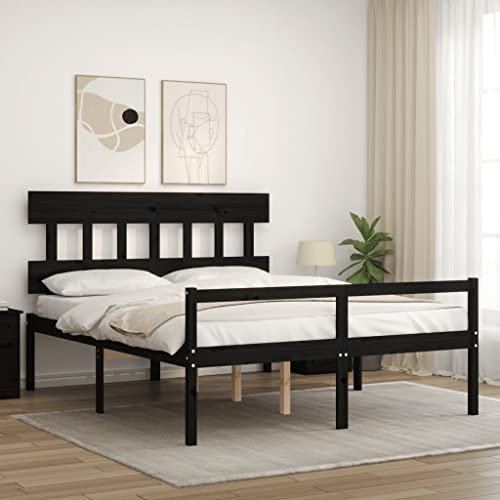 vidaXL Seniorenbett, Holzbett Bett mit Kopfteil Stauraum, Doppelbett für Senioren, Komfortbett Bettgestell mit Lattenrost, Schlafhöhe vom Boden 45cm, Schwarz Massivholz