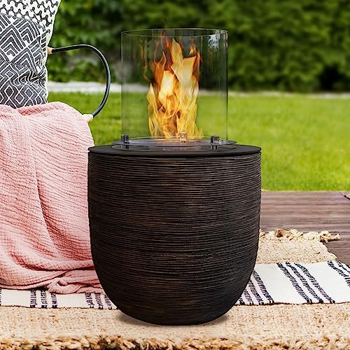 muenkel design Vagos – Riffelung schwarz-grau – Bio-Ethanol Feuerstelle Gartenfackel Terrassenfeuer mit Round Burner 300 Brennkammer