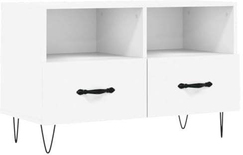 vidaXL TV Cabinet in White Finish with Iron Legs - Engineered Wood Media Console with Storage Drawers and Compartments - Modern Design for Living Room, Bedroom