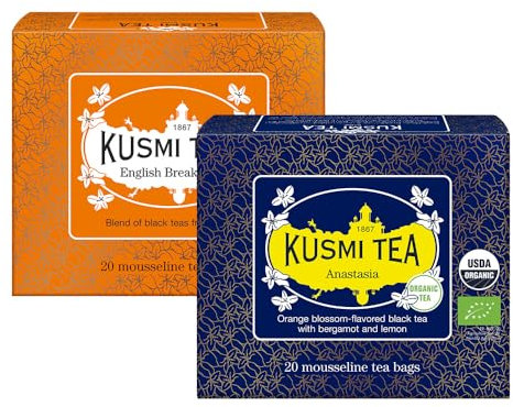 Kusmi Tea - 2er Pack - English Breakfast + Anastasia - Bio Asiatische Schwarzteemischung + Bio Schwarzer Tee mit Bergamotte, Aromatisiert Orangenblüte - 2x20 Teebeutel