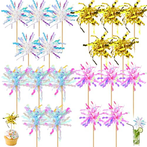 Ouligay Juego de 20 adornos de fuegos artificiales para cupcakes, adornos brillantes para tartas, accesorios de cóctel de aluminio para cumpleaños, boda, fiesta de Navidad