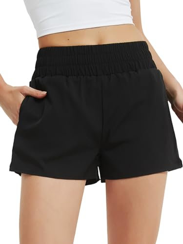 Soudittur Badeshorts Damen Badehose Hohe Taille Schnell Trocknende Boardshorts Wassersport 2 in 1 Laufhose Kurz Sporthose mit Reißverschlusstasche (XL, Schwarz)