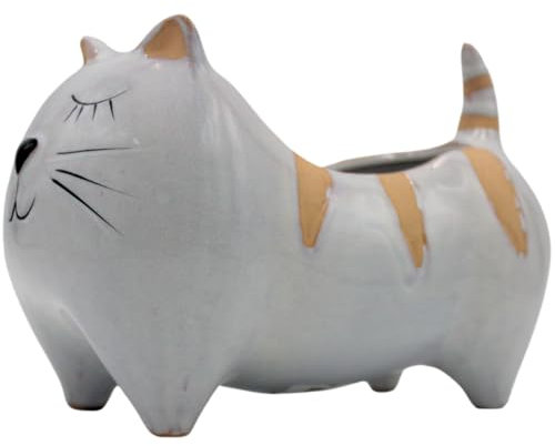 Übertopf - Pflanztopf - Pflanzgefäß - Dekoschale aus Keramik, Motiv: Katze in hellgrau, Maße L/B/H: ca. 21 x 12 x 14 cm