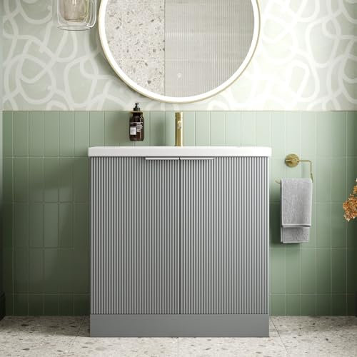 BAYSTONE® Fluted 800mm Bathroom Vanity Unit Ceramic Wash Sink, Cloakroom Storage Furniture Under Basin Cabinet Floorstanding Cupboard, Matt Grey
