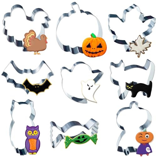 Cortador de galletas de Halloween 9Pcs cortador de galletas calabaza fantasma murciélago gato cortador de galletas de otoño de Halloween cortador de galletas de otoño para hornear