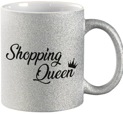 Huuraa Glitzer Tasse Shopping Queen Geschenk 330ml Silber Shopping Queen Präsent