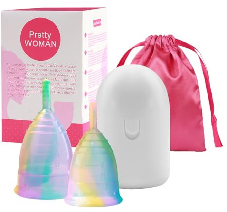 Menstrual Cup, Buy One We Give One 1 Size L and 1 Size S, Bright Colors, with Microwave Sterilizer and Free Storage Bag, Sanitary Pad and Tampon Alternative