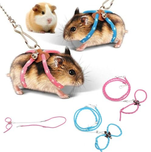 1 x Hamstergeschirr, niedlich, verstellbar, für Ratten, Maus, Hamster, Frettchen, Frettchen, Leine mit Glocke (Rosa)