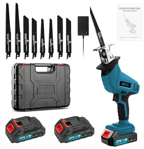Blue Reciprocating Saw with 8 Saw Blades, DC 21V Cordless Chainsaw with 2x2.0Ah Battery, 0-4000 RPM Variable Speed Electric Sawing for Wood, Plastic and Metal Cutting