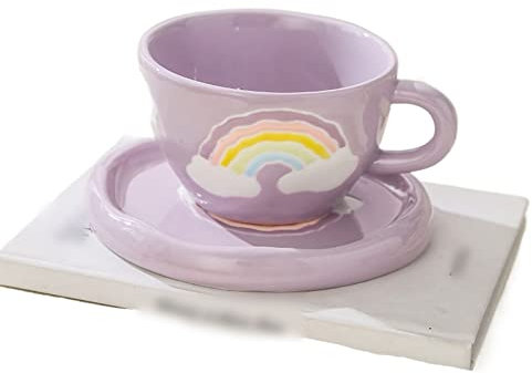 HJUGHPN Tazas creativas pintadas a mano con diseño de arco iris, tazas de café y platillos de cerámica sin esmaltar, juego de tazas de té irregulares hechas a mano, vajilla para el hogar