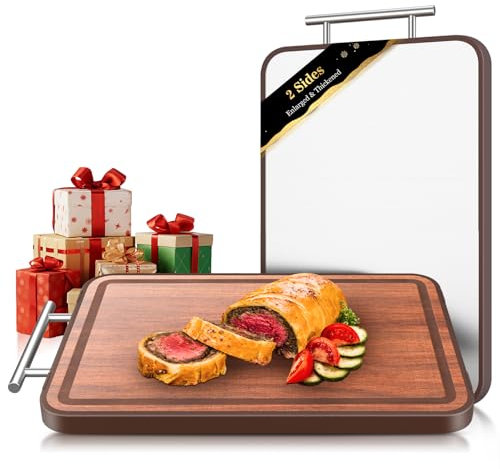 Tabla de cortar XL de doble cara, tabla de cortar gruesa mejorada 2025, tabla de cortar de acero inoxidable de titanio para cocina, madera de ébano con ranura para jugo, no tóxica, tabla de embutidos