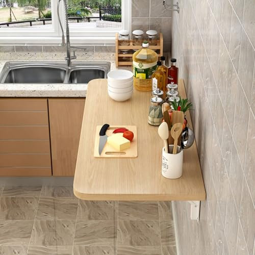HDZNDH Wandklapptisch Aus Massivholz, Küchenwandklapptisch Mit Verstellbarer Stahlhalterung, Geeignet Für Kleine Räume, Schlafzimmer, Arbeitszimmer, Bars. Holzfarbe.