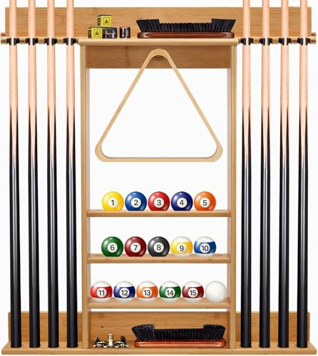 FoverOne Pool-Queue-Rack, Bambus-Pool-Stick-Halter, Wandhalterung, hält 8 Queues und komplettes Set von Bällen, Pooltisch-Zubehör-Organizer für Billardzimmer oder Club