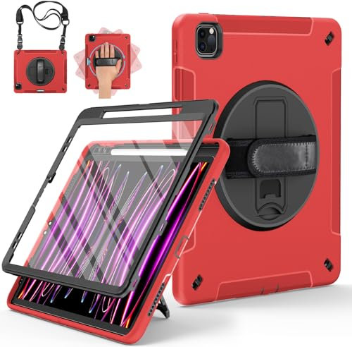 Miesherk Custodia per iPad Pro 12.9 6a/5a/4a/3a Generazione 2022/2021/2020/2018: Cover Protettiva Integrale di Grado Militare-Proteggi Schermo-Portapenne-Cavalletto Girevole-Tracolla Mano/Spalla-Rosso