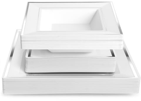 MATANA 60-Piece Reusable White Plastic Dinnerware Set with Silver Rim – 20 Dinner Plates, 20 Dessert Plates & 20 Bowls – Elegant Square Tableware for Weddings, Birthdays, Parties & Events