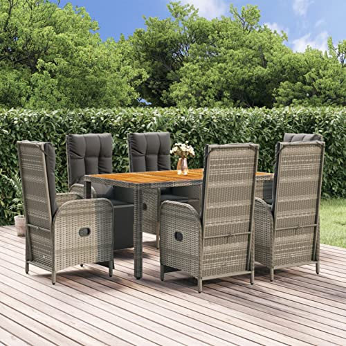 Fasba 7-TLG. Garten Essgruppe 6 Personen, Sitzgruppe Garten, Esstisch mit Verstellbar Hochlehner Stühle, Lounge Gartenmöbel Set Poly Rattan Grau/ 3185047