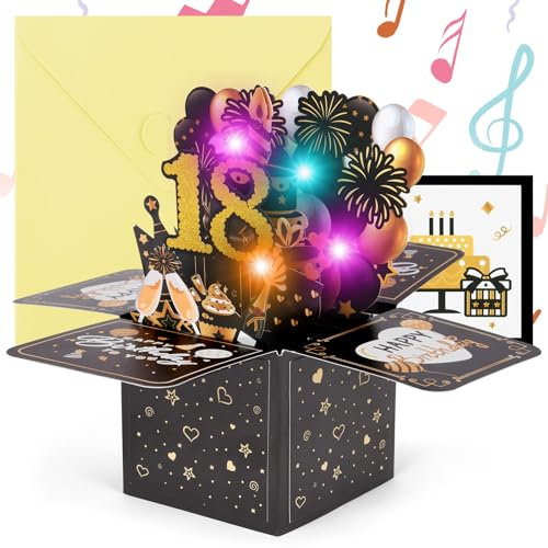 OFFCUP 18 Geburtstagskarte 3D Grußkarte mit Musik und Licht zum 18 Geburtstag Pop Up Karte Happy Birthday Geburtstagskarten Geburtstagsgeschenk für Frauen Kinder Freundin Männer (Schwarze Gold)