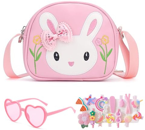 dogmoon Little Girls Handbag Set, Adorable Rabbit Crossbody Bag with Heart-Shaped Sunglasses and 14 Bow Hair Clips, Cute Rabbit Girls' Shoulder Bags with Adjustable Strap for Birthday Gifts and Toys