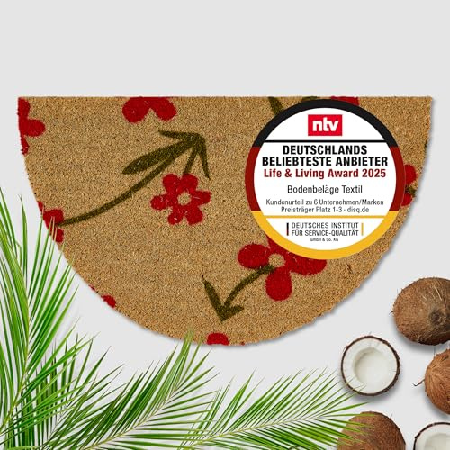 Kokosfußmatte aussen & innen - Türmatte Blumen rot 40 x 60 cm (Halbkreis) | Fussmatte rutschfest Innenbereich & überdachter Außenbereich Kokosmatte wetterfest Fußmatte Kokosfaser natur strapazierfähig