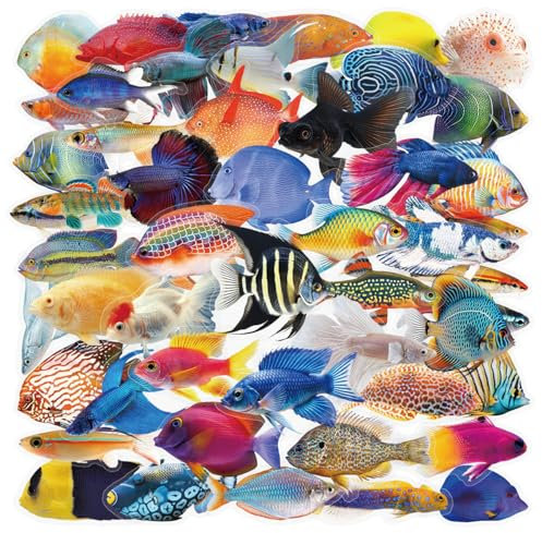 50 Stück Transparente Fische Aufkleber für Jungs Mädchen Erwachsene Kinder,Bunte Fisch-Meerestier Stickers für Laptop Wasserflaschen Scrapbook Skateboard Koffer Computer Telefon Auto Gepäck Gitarre